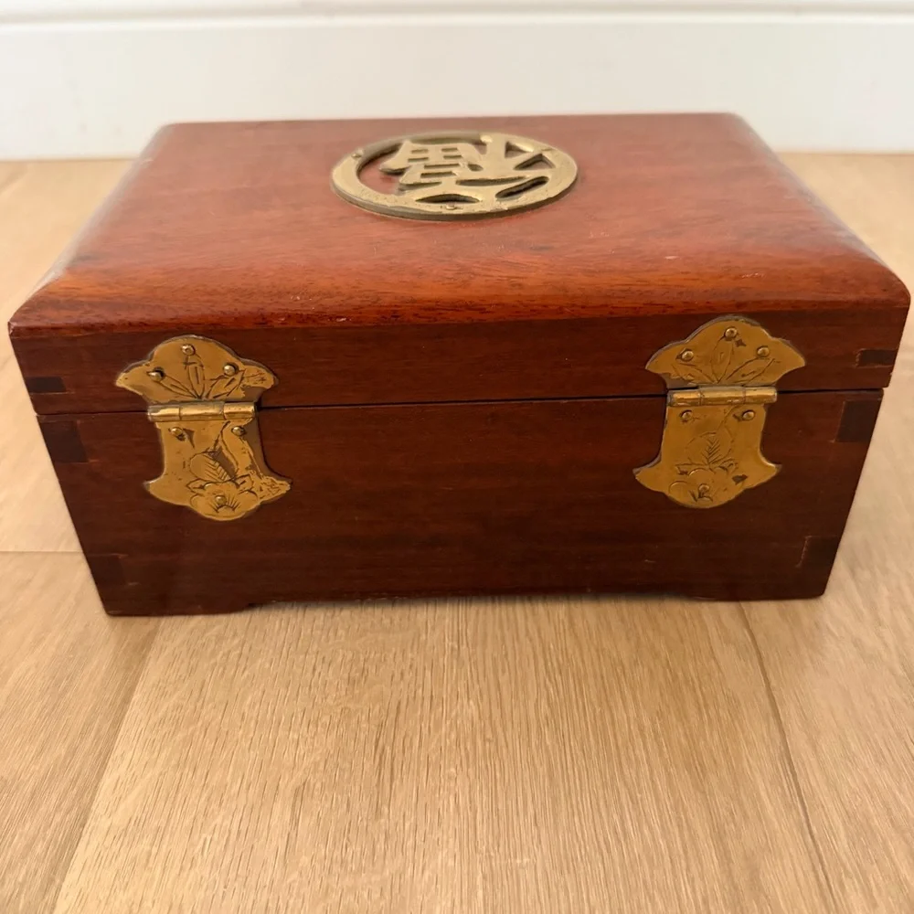 Vintage 80s Oriental Chinese Wooden Jewelry Box W/ Brass Word LUCKY, Double Tier